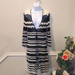 Chico's Black & Ivory Boho Retro 70's Striped Crocheted Long Cardigan/Swim Cover